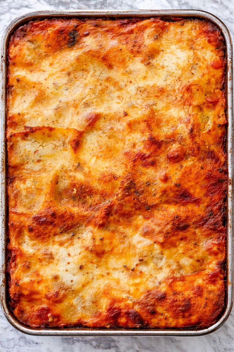 A rectangular baking dish filled with golden-brown, baked lasagna bolognese, its cheesy, bubbling top layer and patches of tomato sauce reveal the irresistible appeal of an authentic lasagna bolognese recipe.