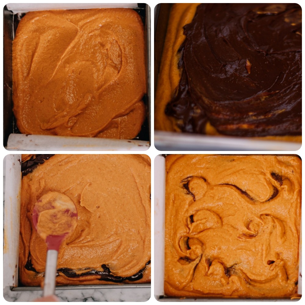 collage of making pumpkin swirl brownies 
