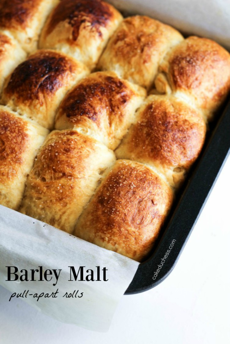 overhead imge of barley malt pull-apart loaves in baking tray