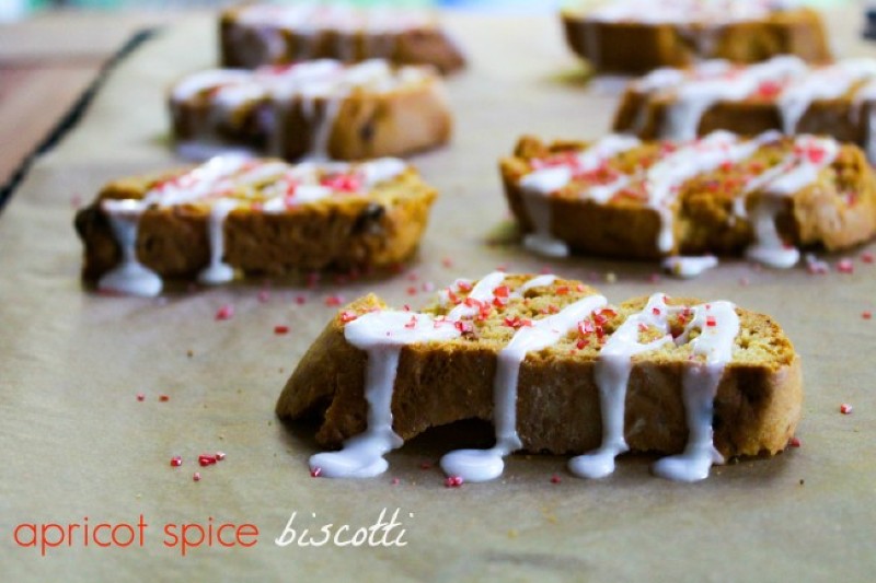 overhead image of apricot spice biscotti on a baking tray