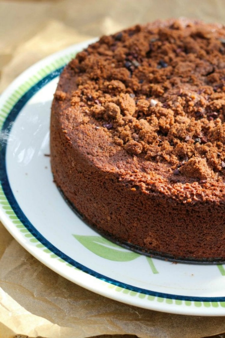 overhead image of chocolate rye crumb cake