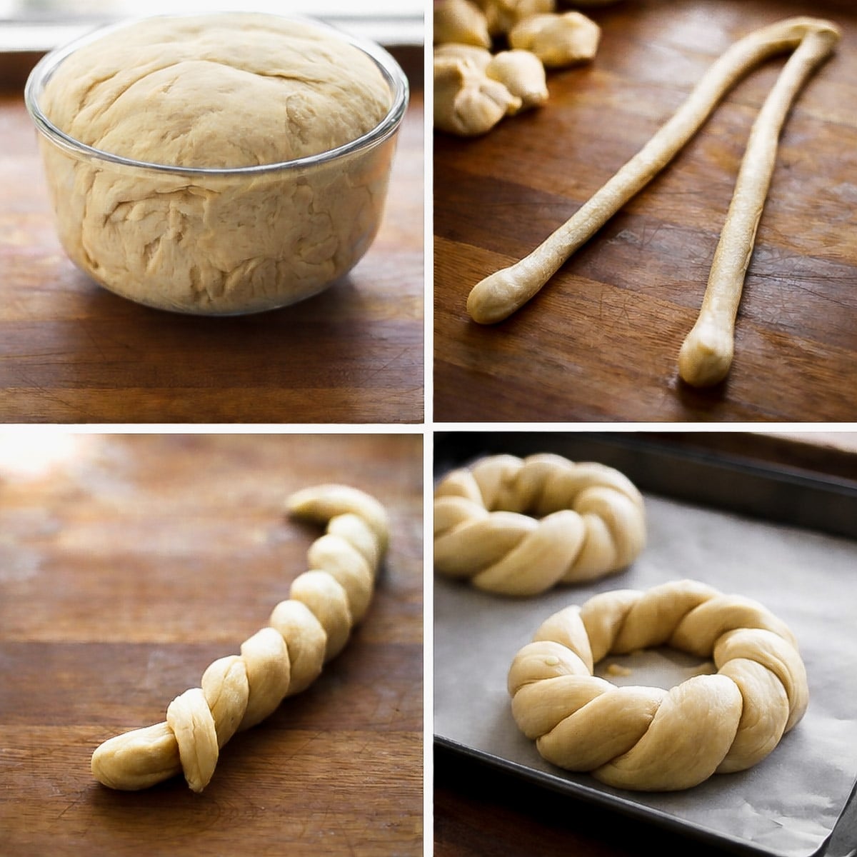 A four-step collage shows Italian Easter bread dough in a bowl, then rolled into ropes, twisted together, and shaped into rings on a baking sheet, ready for baking.
