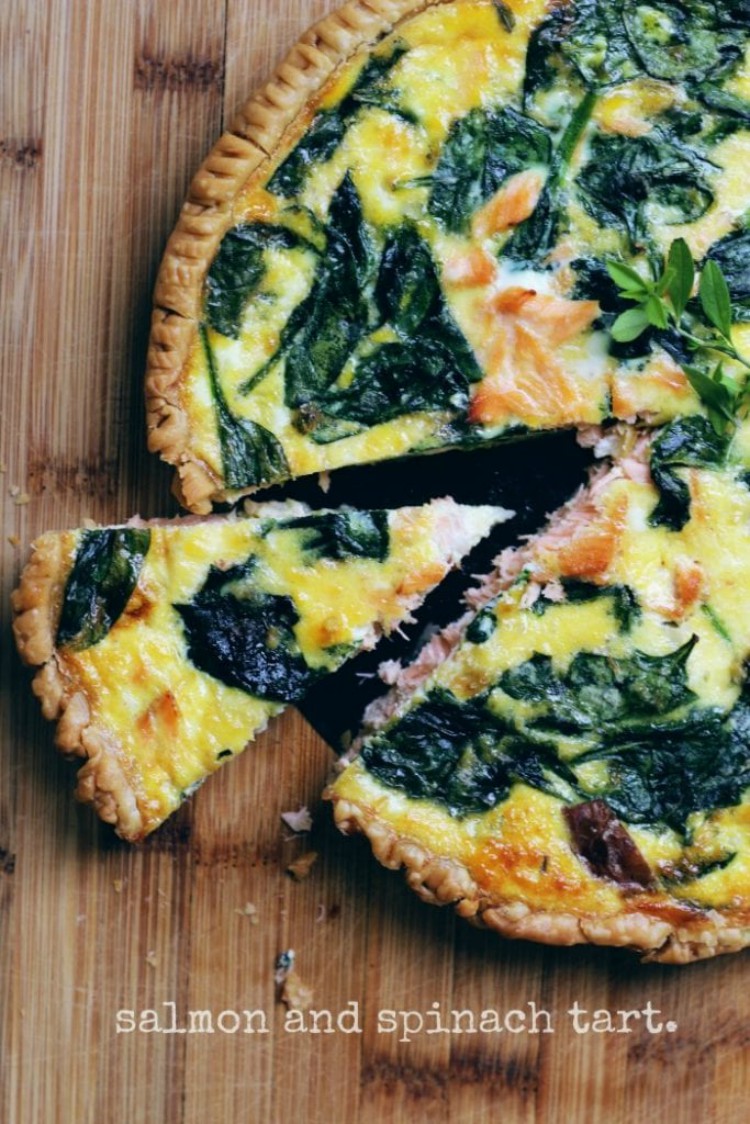 overhead image of salmon and spinach tart