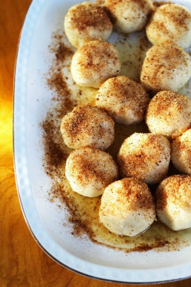 overhead image of plum dumplings gnocchi di susine