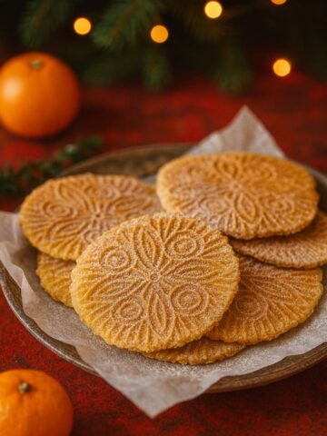 A plate of round, patterned Gluten-Free Pizzelle dusted with sugar sits on parchment paper, with clementines and blurred holiday lights in the background.