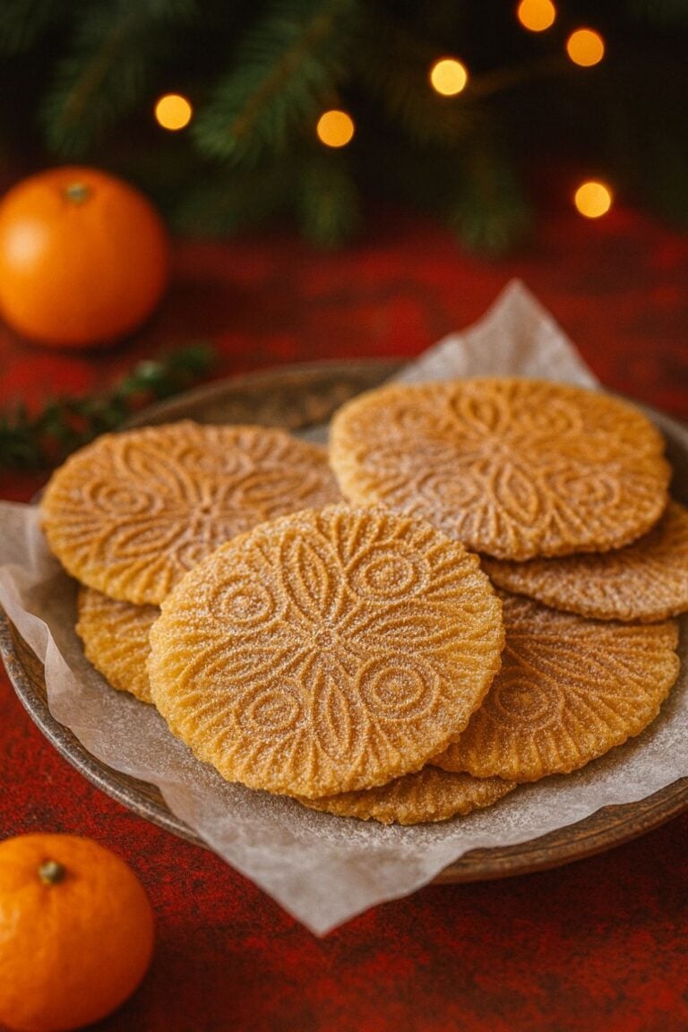 A plate of round, patterned Gluten-Free Pizzelle dusted with sugar sits on parchment paper, with clementines and blurred holiday lights in the background.