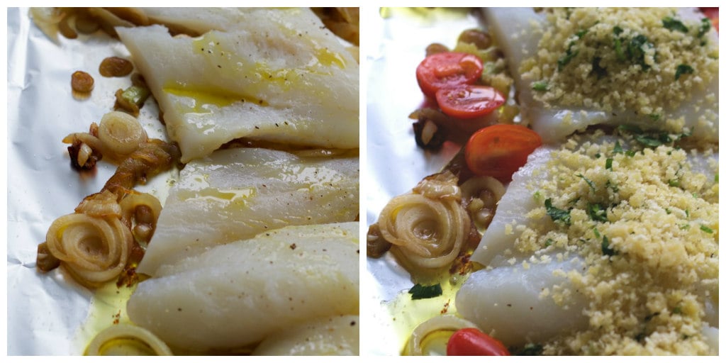collage of cod fish with panko topping in a pan.