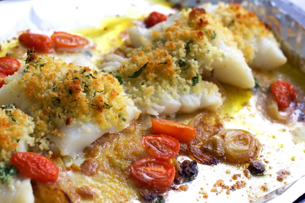 Baked Cod with Caramelized Onions and Cherry TomatoesBaccalà al Forno