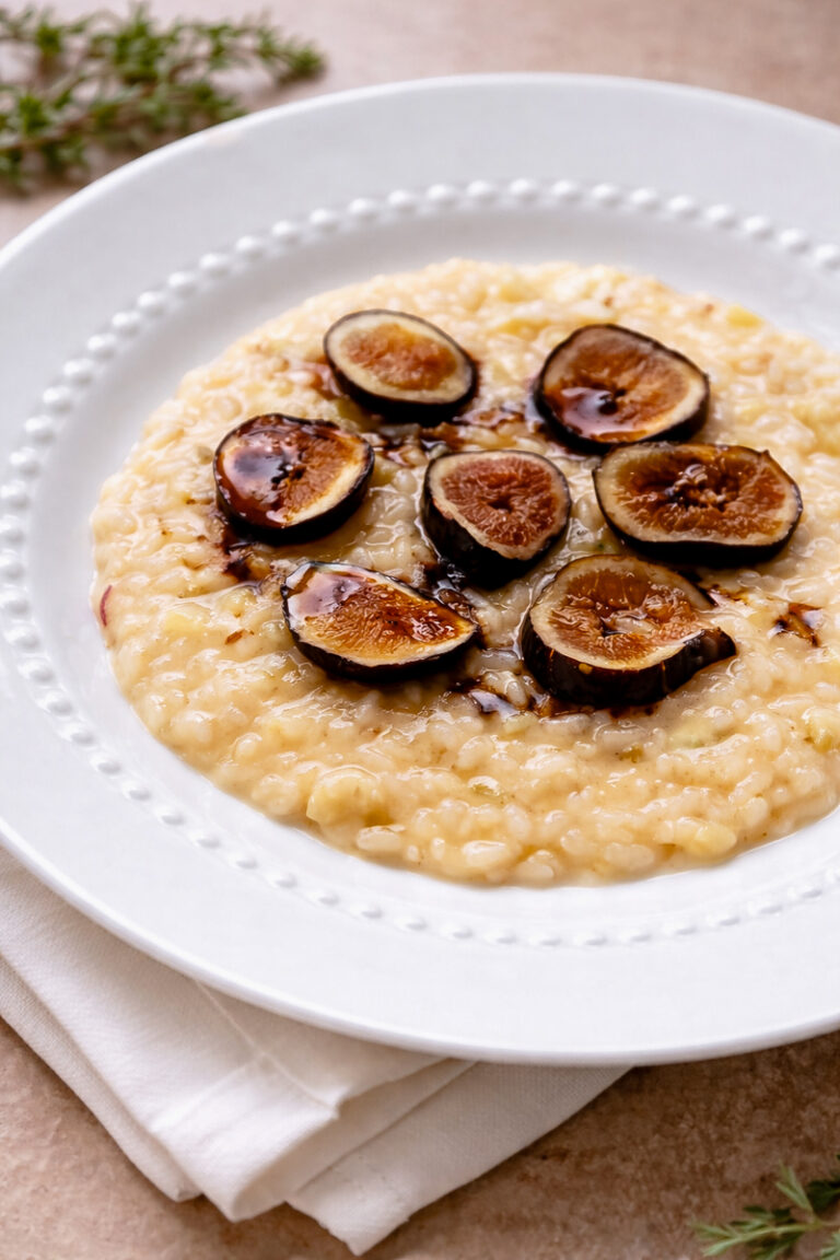 A white plate with creamy Risotto with Figs and Prosecco-Risotto con Fichi e Prosecco, topped with sliced figs and a drizzle of dark sauce, sits on a white napkin, accented by fresh herbs in the background.