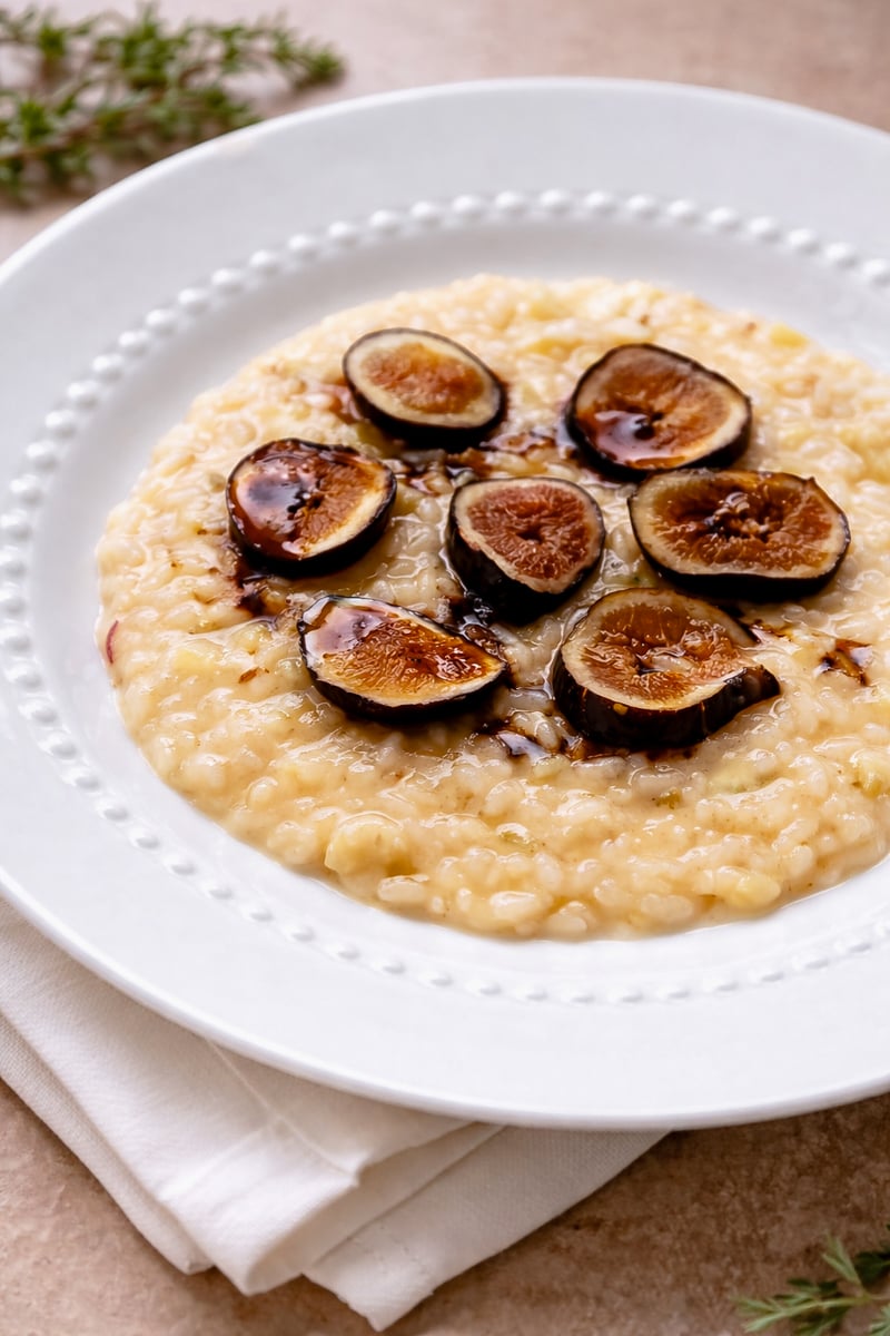 A white plate with creamy Risotto with Figs and Prosecco-Risotto con Fichi e Prosecco, topped with sliced figs and a drizzle of dark sauce, sits on a white napkin, accented by fresh herbs in the background.