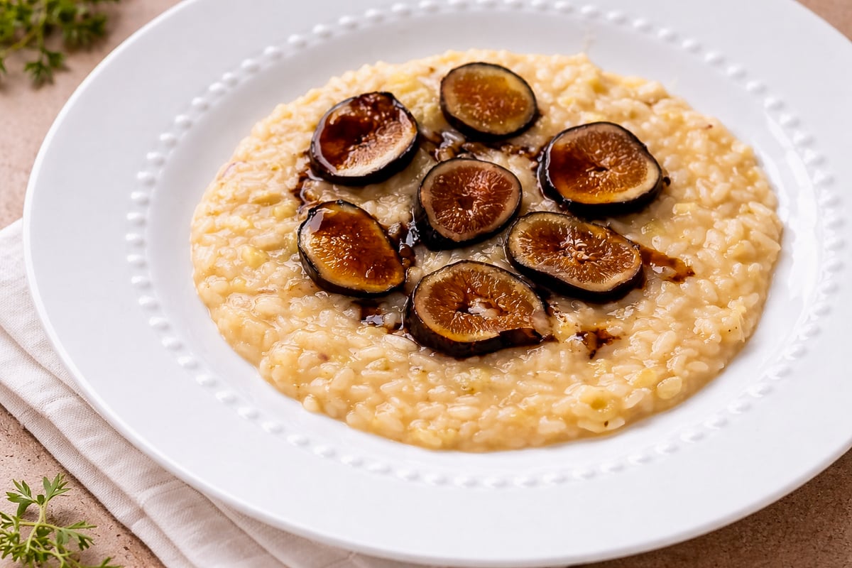 A white plate with creamy Risotto with Figs and Prosecco-Risotto con Fichi e Prosecco-topped with roasted fig slices, displayed on a white napkin, with a few green herbs nearby.