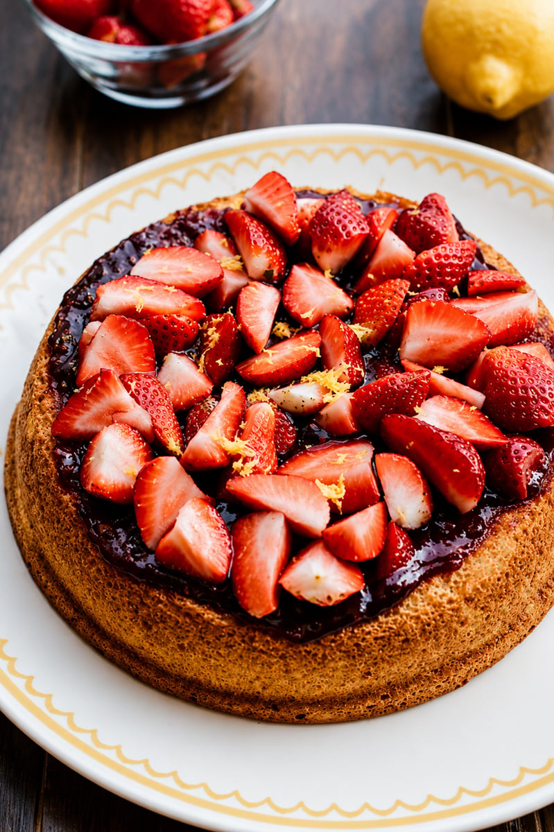 A Strawberry Sponge Cake topped with strawberry jam, fresh sliced strawberries, and lemon zest sits on a decorative white plate; a bowl of strawberries and a lemon are in the background.
