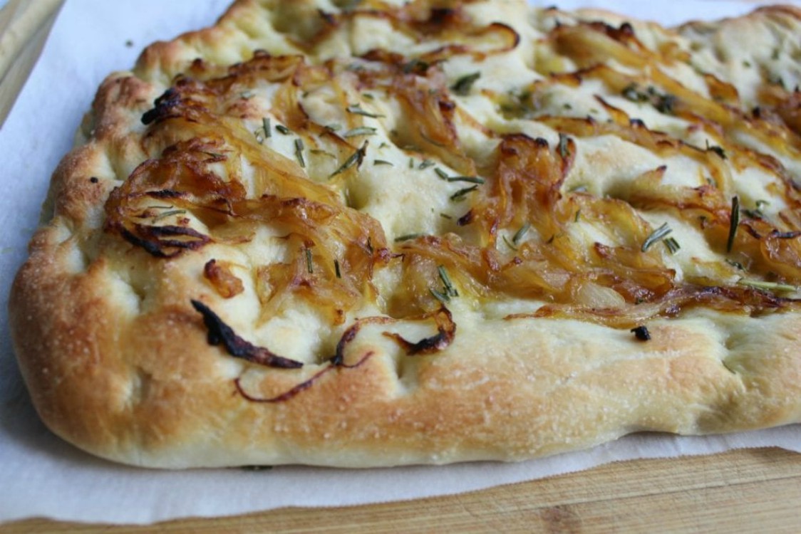 overhead image of rosemary and caramelized onion focaccia