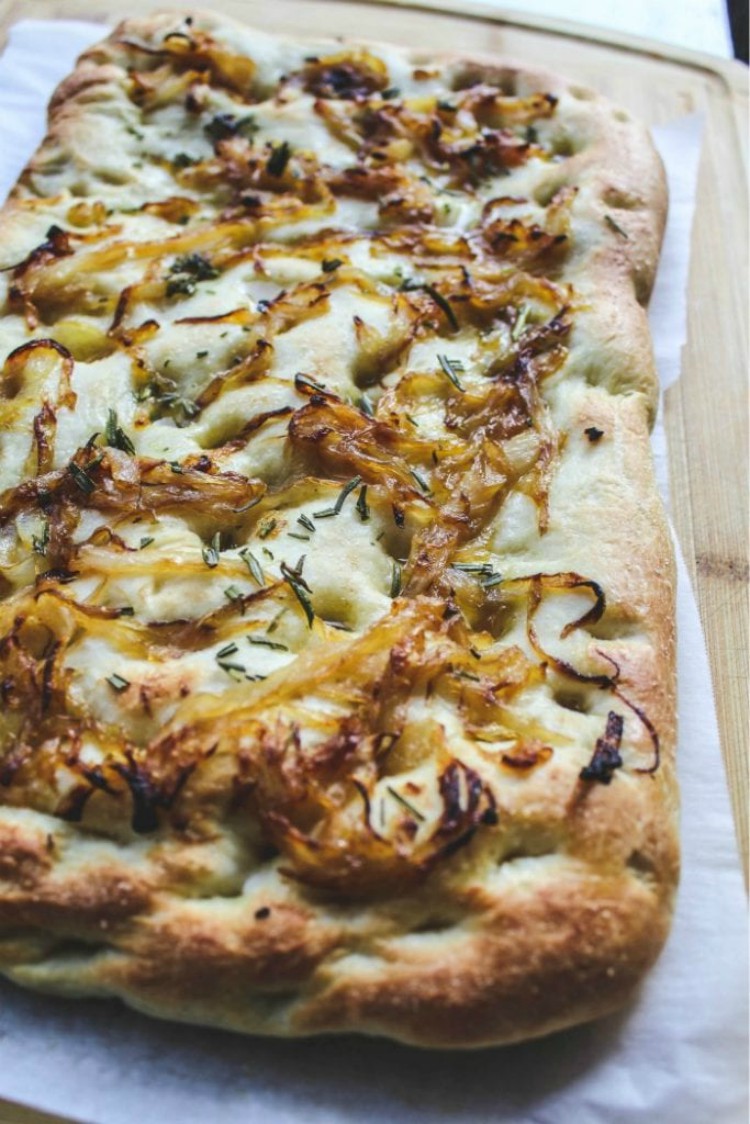 overhead image of rosemary and caramelized onion focaccia