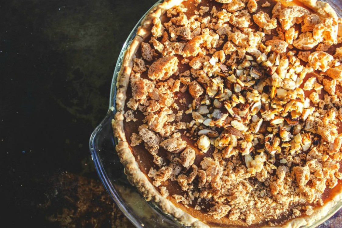 pumpkie pie with cookie topping on a baking sheet