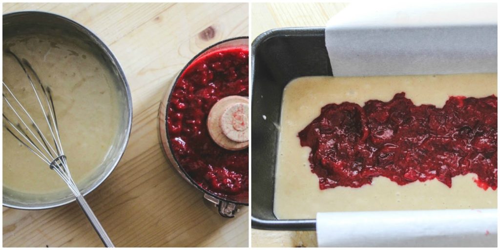 overhead image of cake batter and cranberry sauce