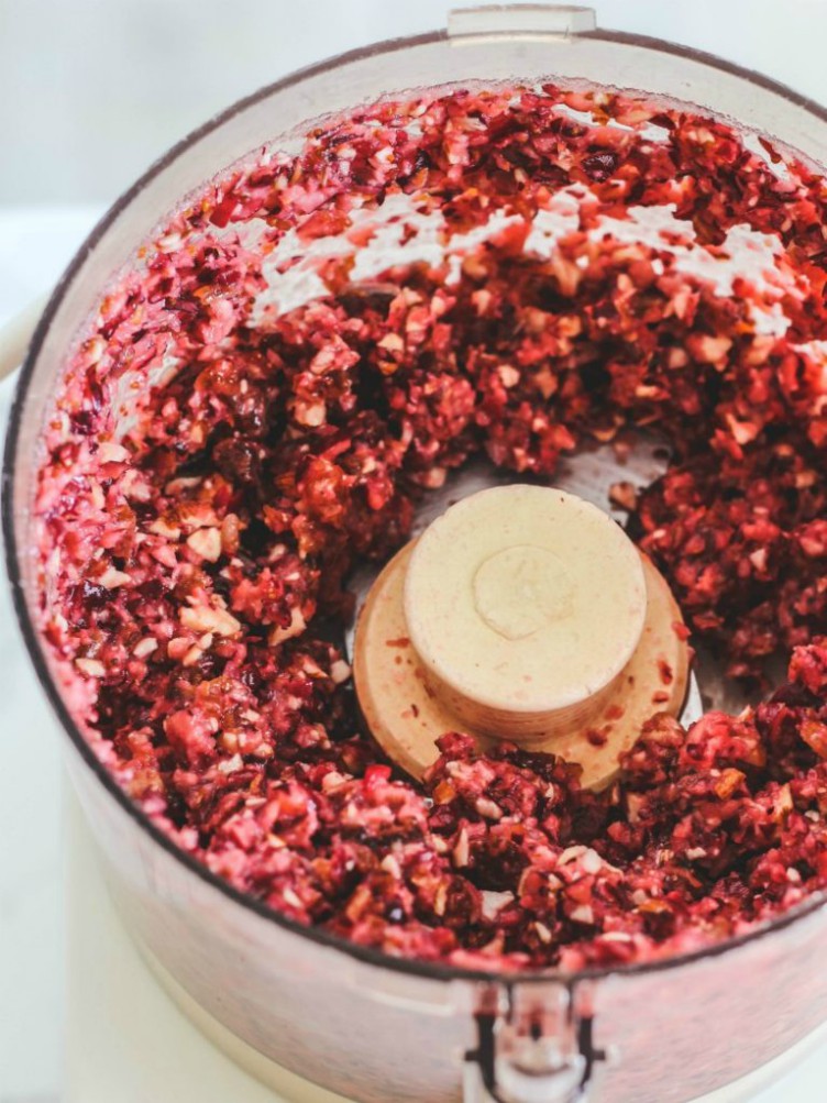 overhead image of cranberry relish in food processor