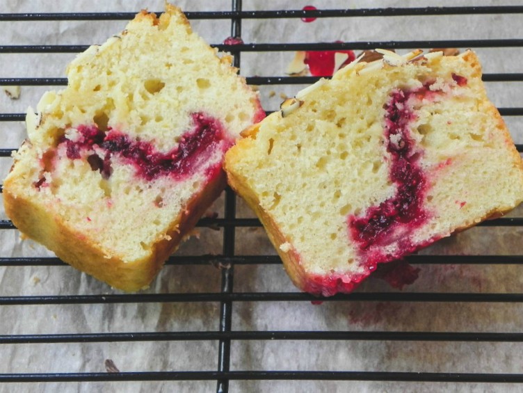 overhead image of slice of cranberry cake