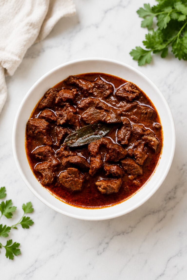A white bowl filled with spicy beef curry, reminiscent of Hungarian Goulash Soup-Gulyásleves, garnished with a bay leaf and placed on a white marble surface with fresh cilantro leaves nearby.