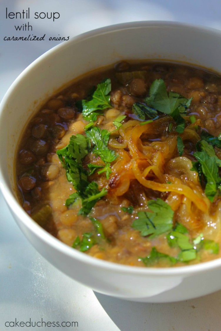 overhead image of lentil soup with caramelized onions