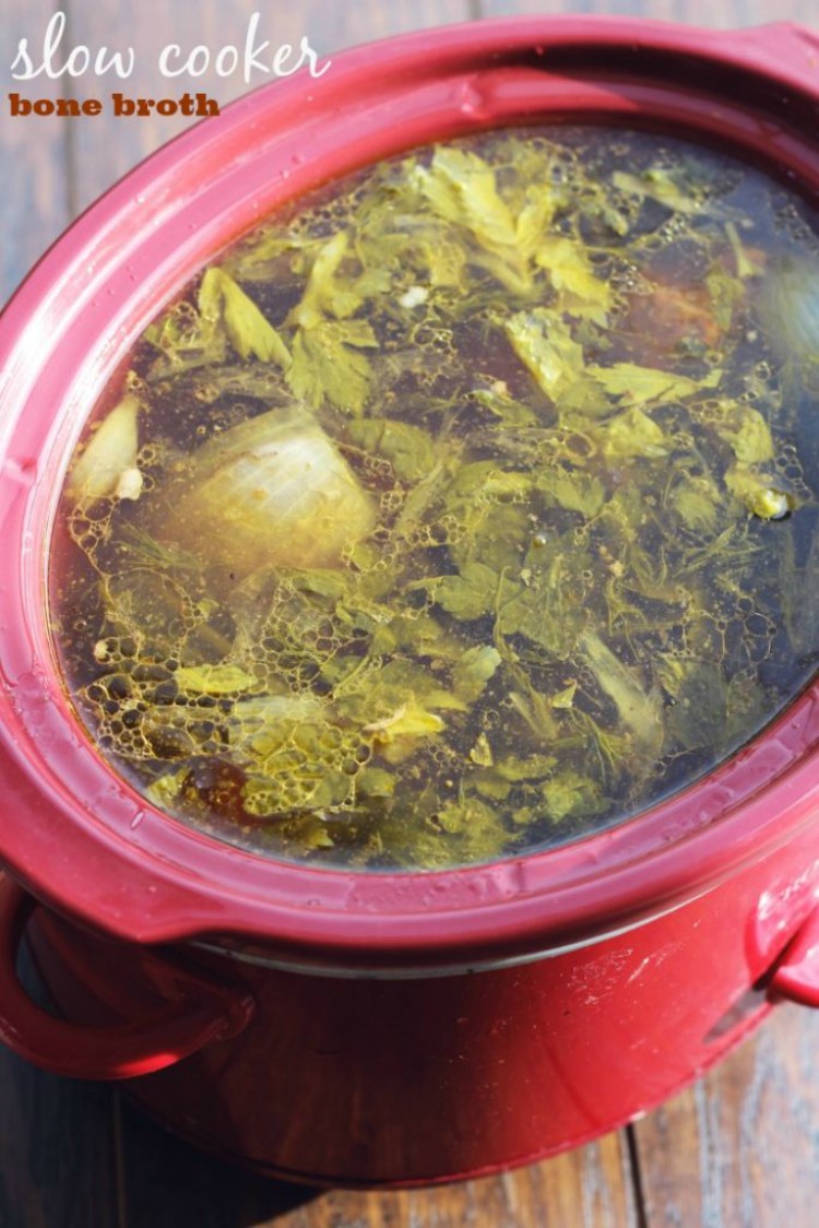 overhead image of slow cooker beef broth