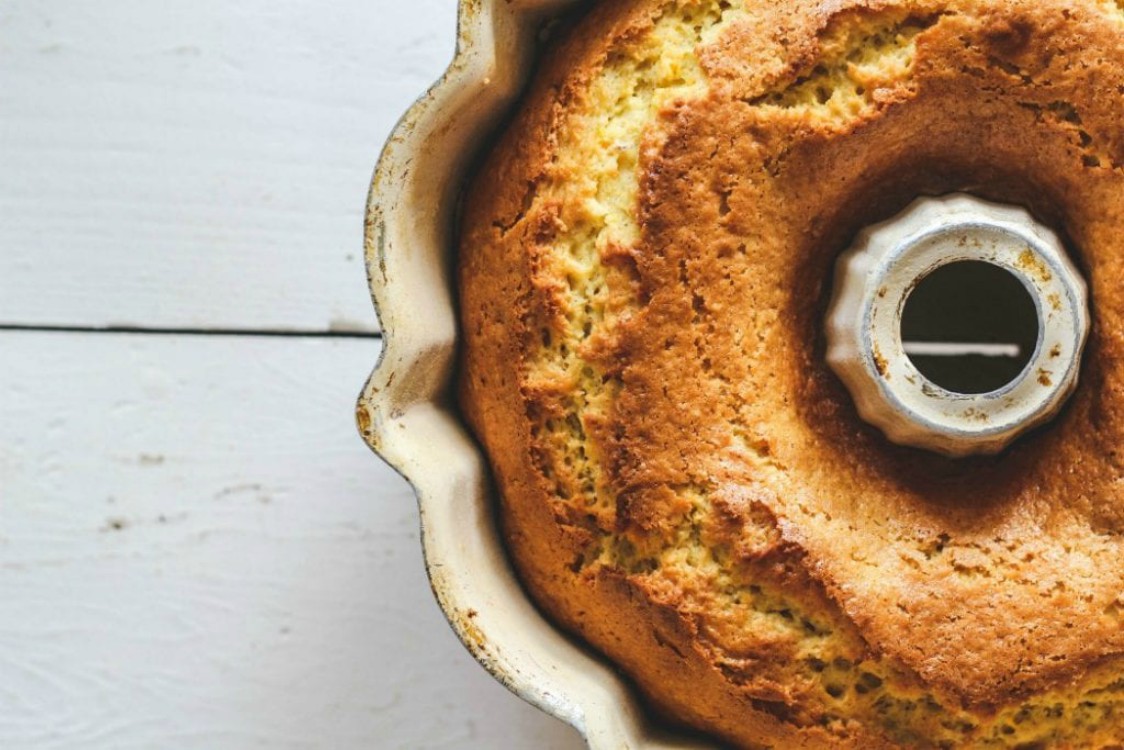 overhead image of cake in cake pan