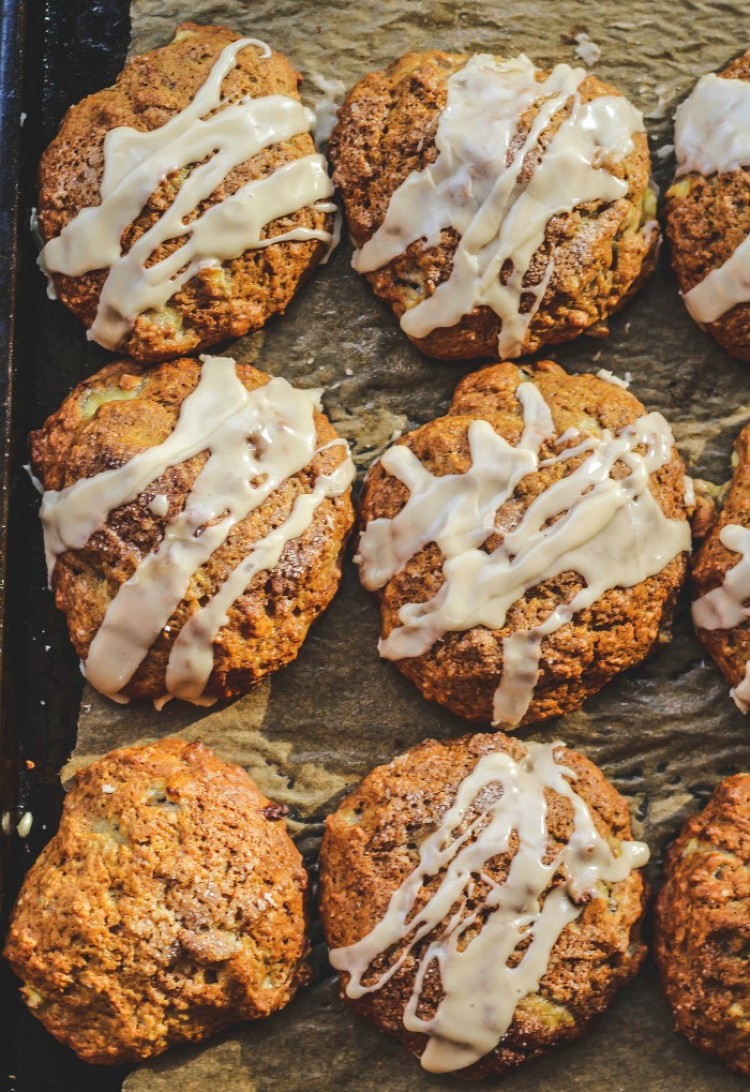 overhead image of banana scones with maple espresso glaze