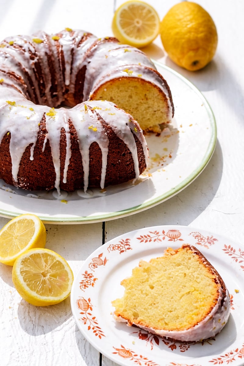 A lemon curd cake bundt with white glaze sits on a plate, with a slice served on a floral-patterned dish. Fresh lemons, some halved, are scattered nearby on a white surface.