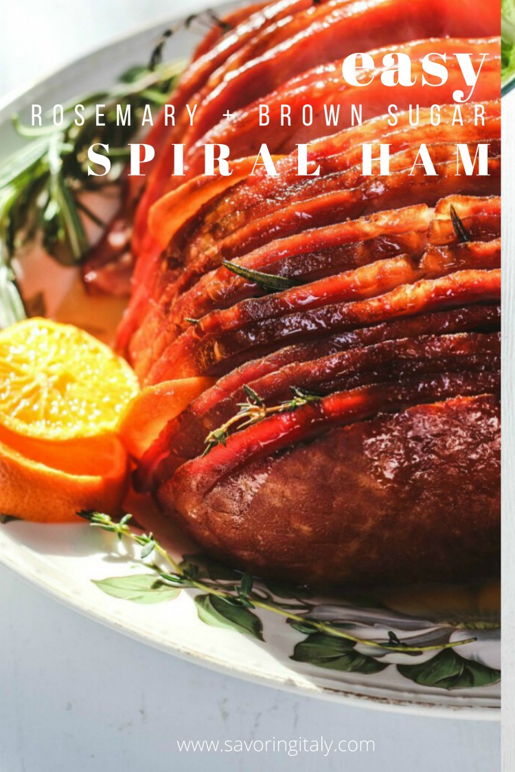 overhead image of baked ham with rosemary and oranges