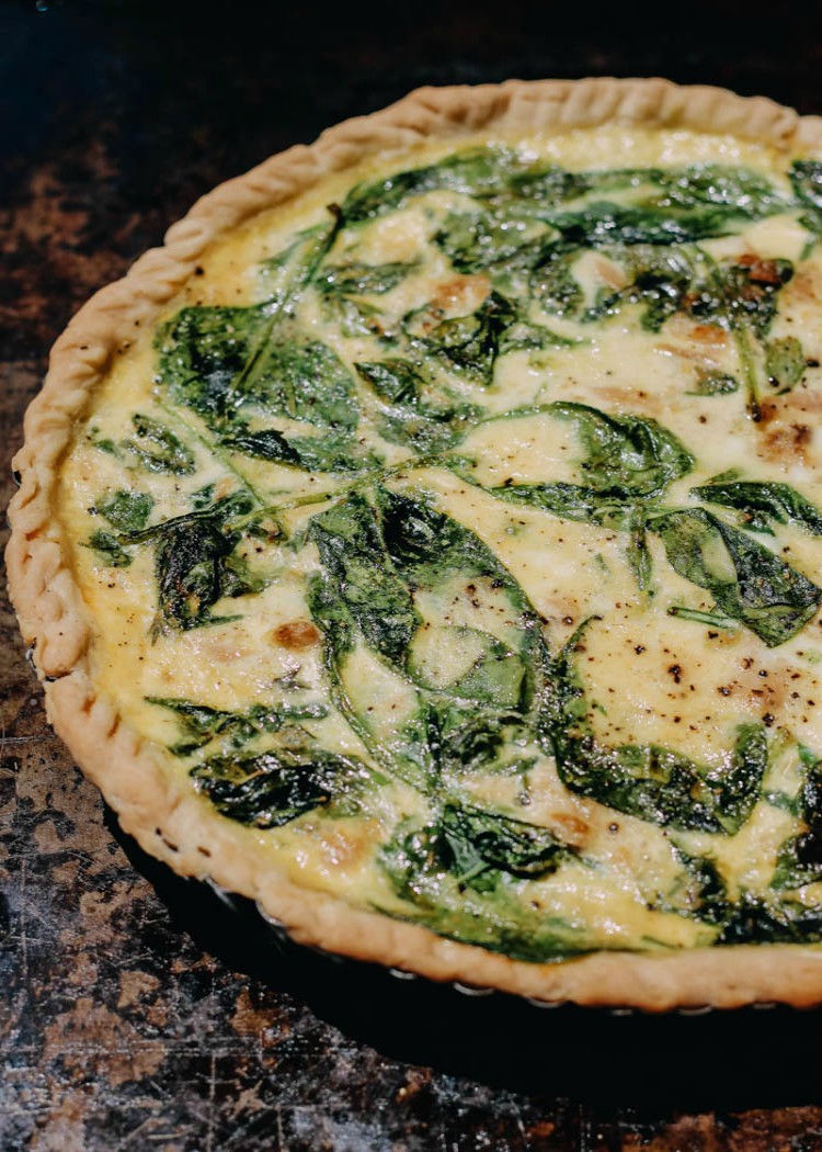 overhead image of tart with spinach