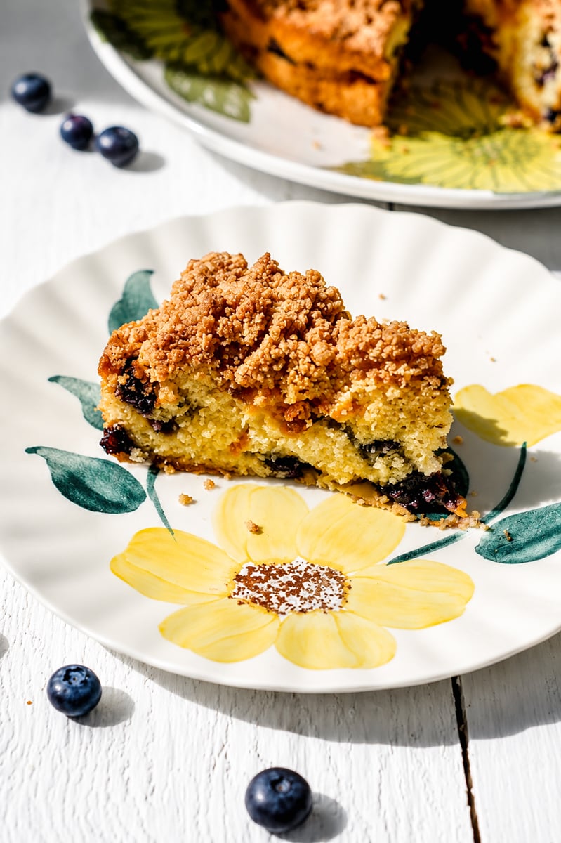 A slice of Blueberry Mango Buckle sits on a floral-patterned plate, with fresh blueberries scattered on a white surface and part of the remaining cake visible in the background.