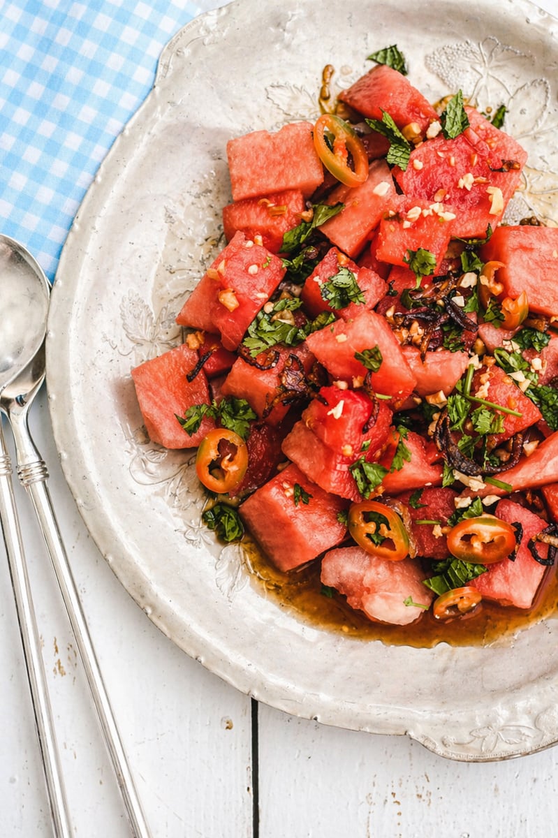 A plate of Asian Watermelon Salad with fresh cilantro, sliced chili peppers, and chopped onions in a light dressing, served on a rustic white dish beside two silver spoons on a blue and white checkered napkin.