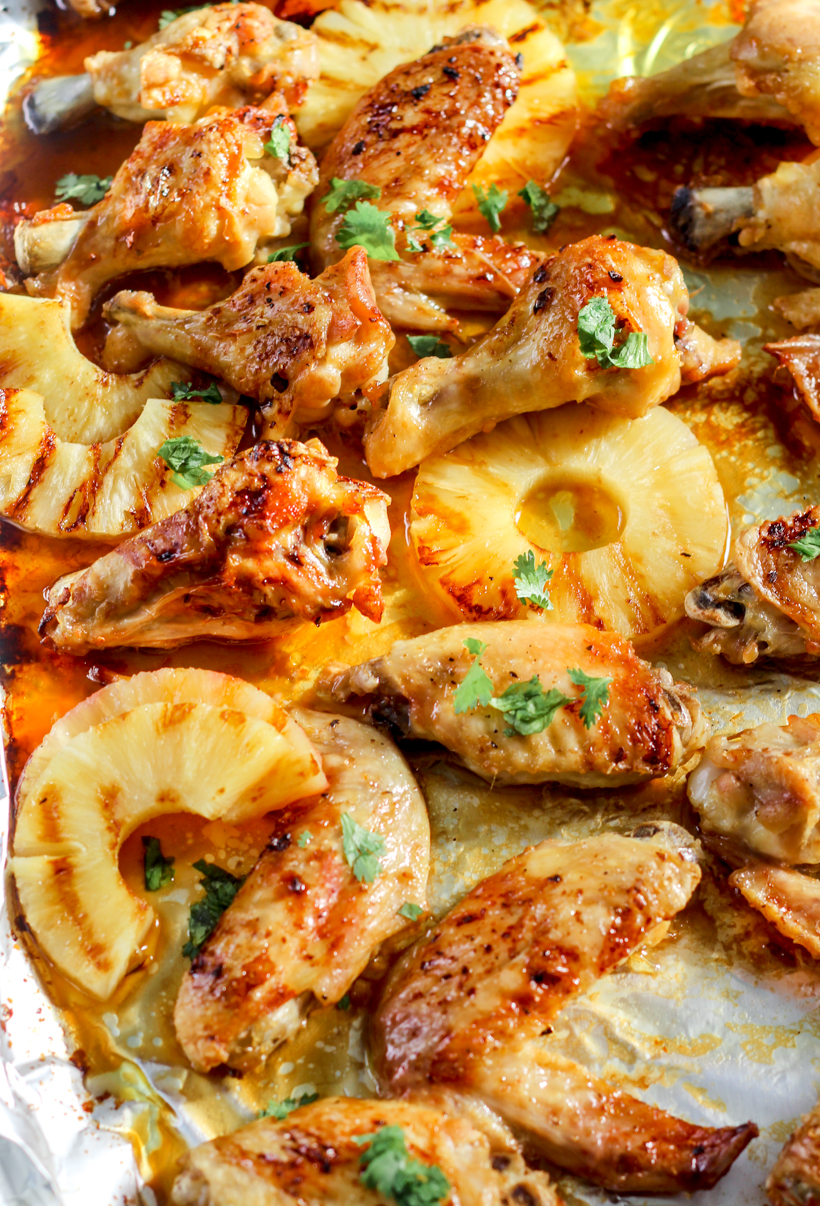 overhead image of baked pineapple chicken wings
