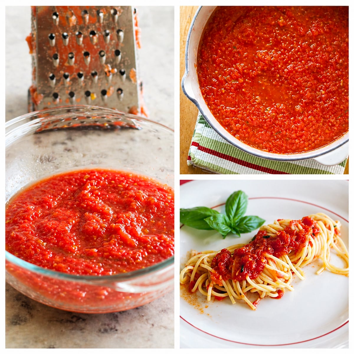 A collage shows grated tomatoes in a bowl, tomato sauce cooking in a pot, and Spaghetti with Fresh Tomato Sauce garnished with basil on a white plate.