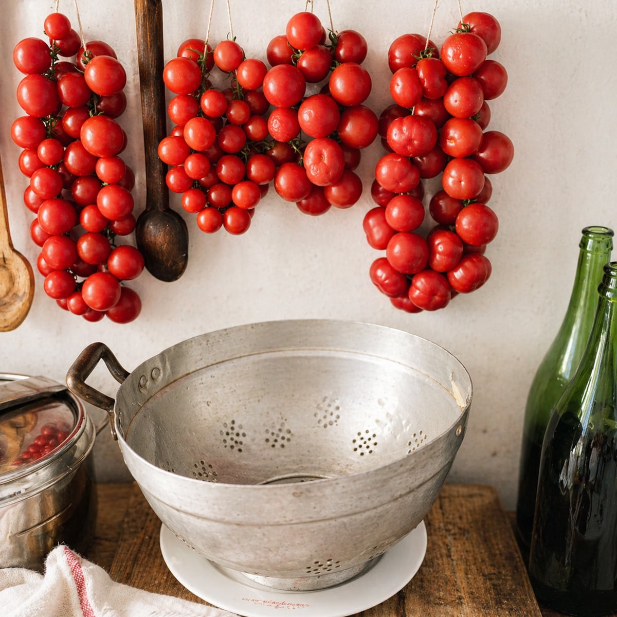 Spaghetti with Fresh Tomato Sauce A metal colander sits on a wooden counter beneath bunches of red tomatoes hanging on strings, ready for Spaghetti with Fresh Tomato Sauce. Glass bottles and a pot are nearby, with wooden utensils hanging on the wall.