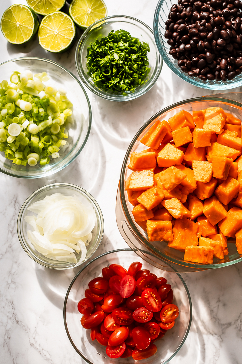 Bowls of chopped sweet potatoes, cherry tomatoes, sliced onions, green onions, cilantro, black beans, and halved limes are arranged on a white marble surface, perfect for assembling a fresh papaya black bean salad.