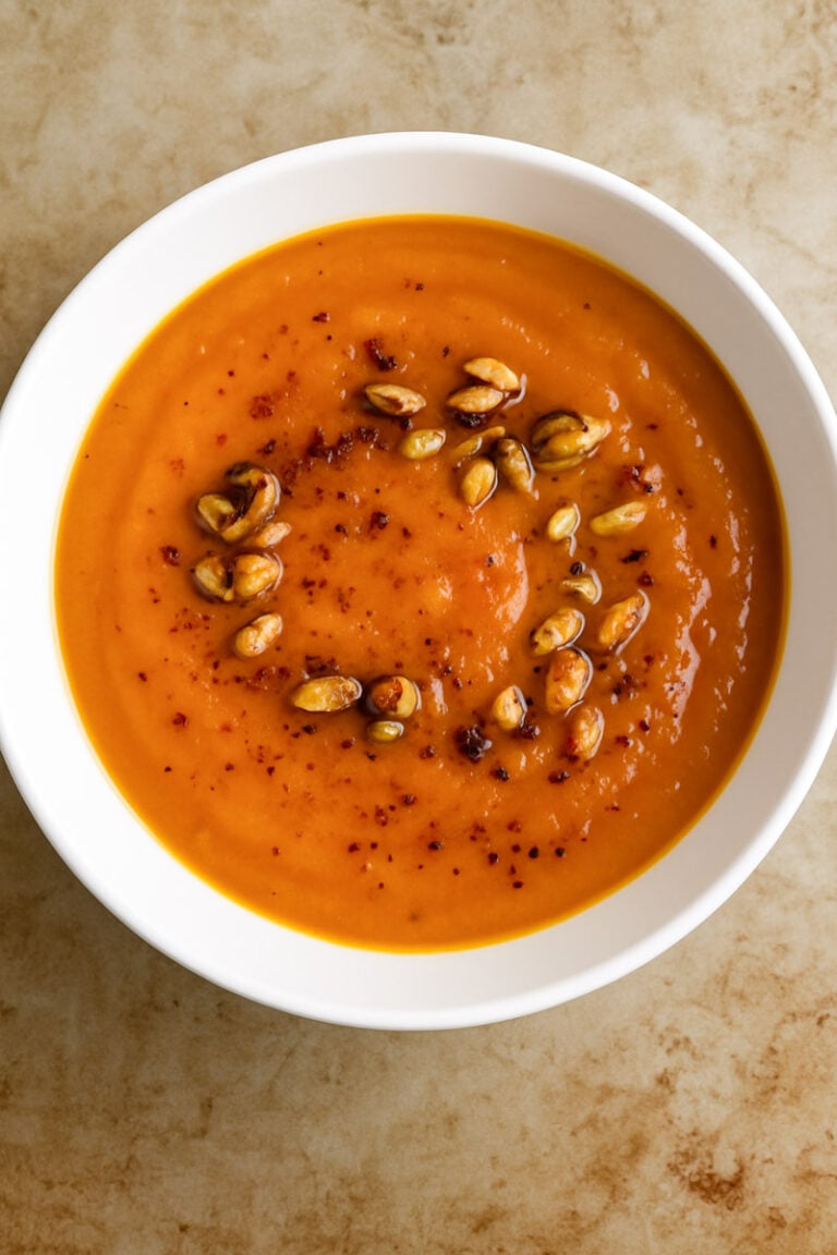 A white bowl of creamy Roasted Butternut Squash Soup, garnished with roasted seeds and a sprinkle of red spices, sits on a light brown surface.