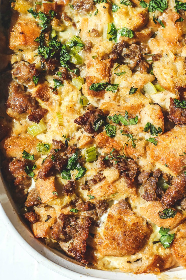 overhead image of best ever italian sausage stuffing