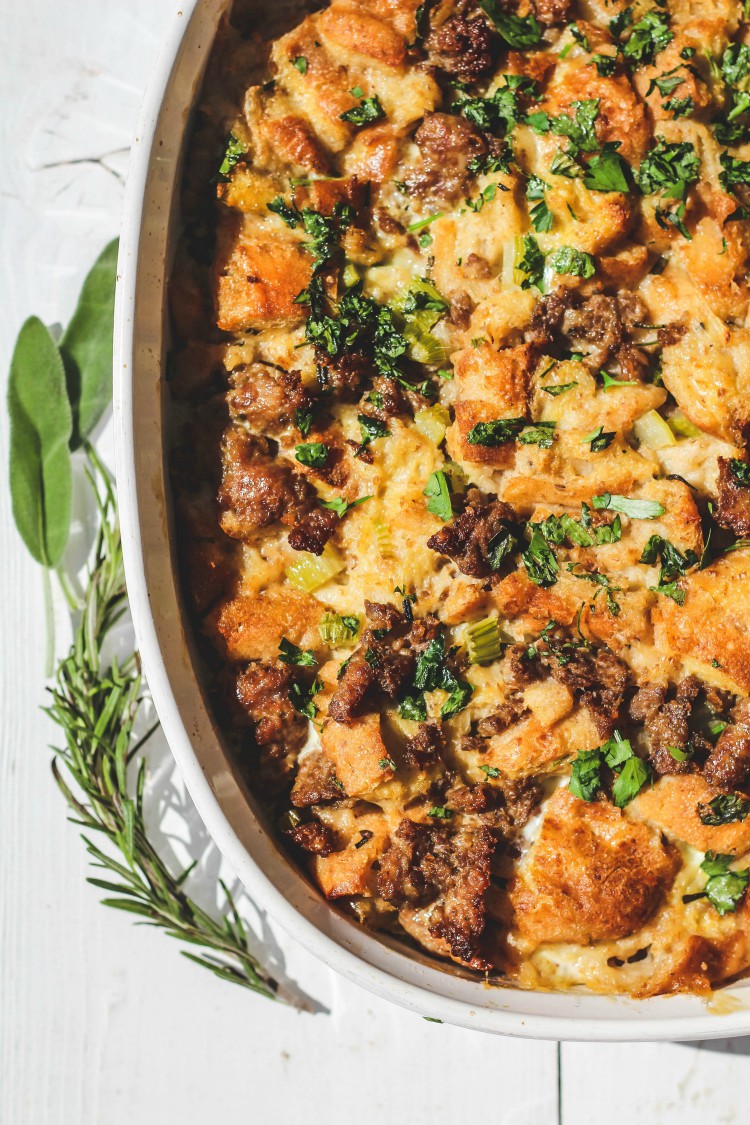 overhead image of stuffing and fresh herbs