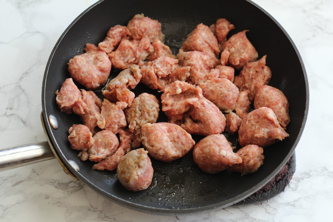 image of sausage pieces in a skillet