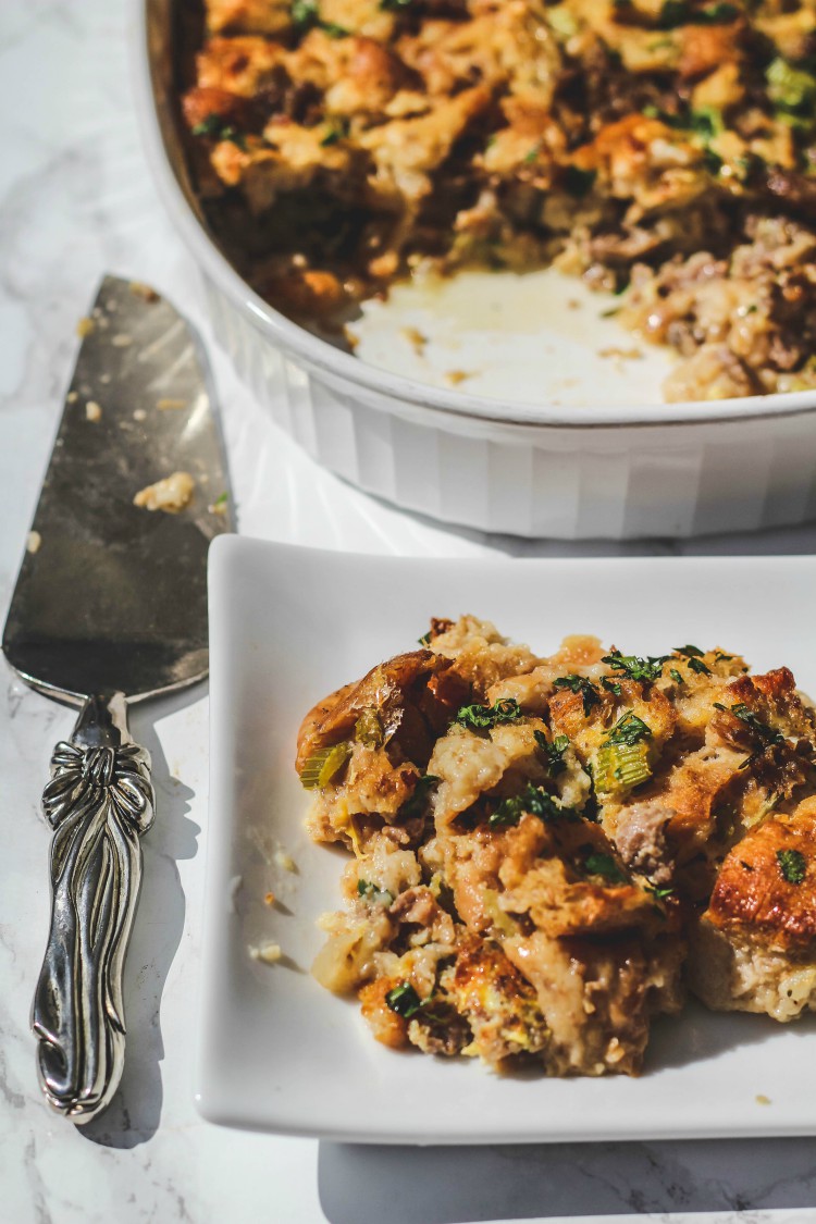 overhead image of stuffing on white plate