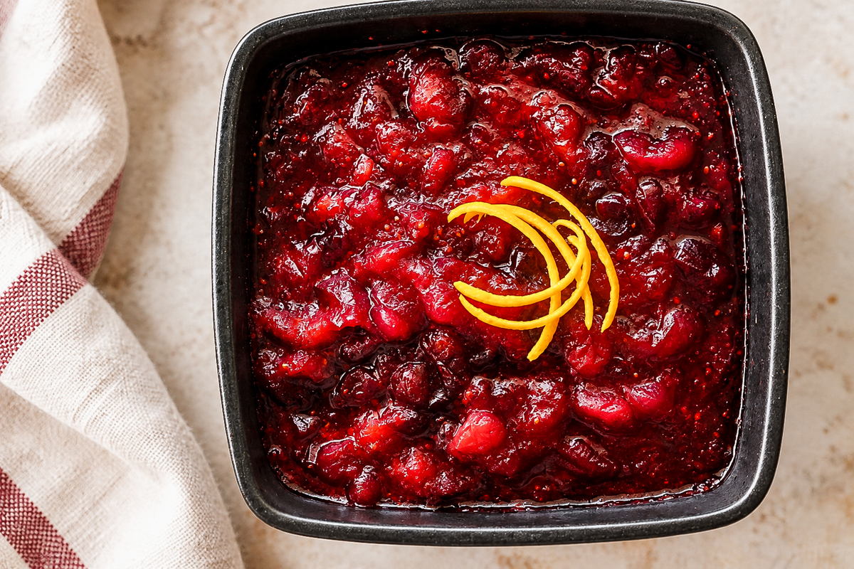 Square bowl of Italian cranberry sauce topped with orange zest, next to a red and white checkered cloth.