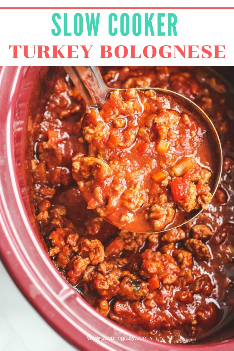 overhead image of slow cooker turkey bolognese sauce