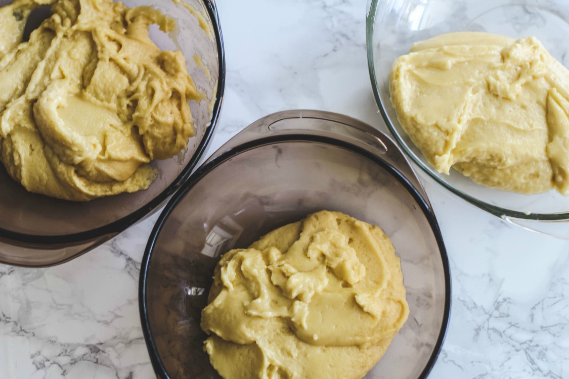 overhead image of dough in bowls