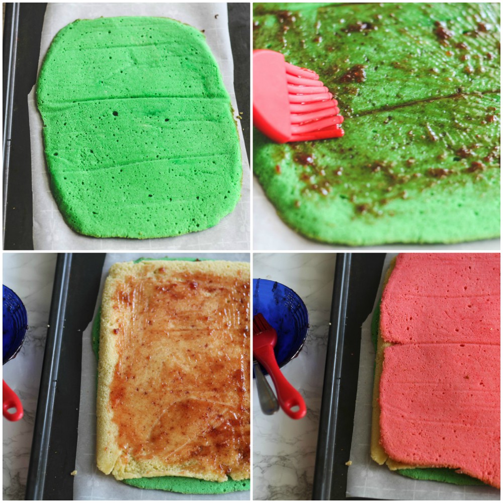 overhead image of colored cake dough collage