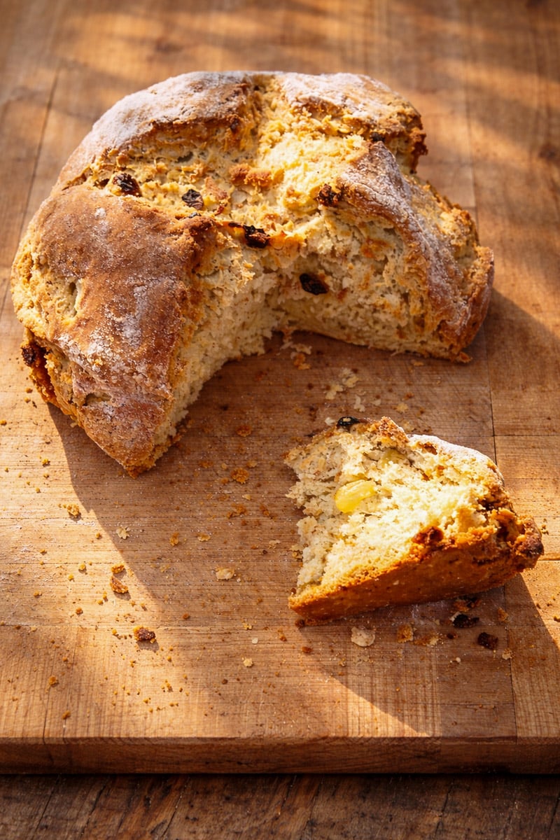 A round loaf of rustic Irish Soda Bread-Spotted Dog with raisins, partially sliced, sits on a wooden board. One wedge-shaped piece is separated from the loaf, revealing its golden, crumbly texture inside.