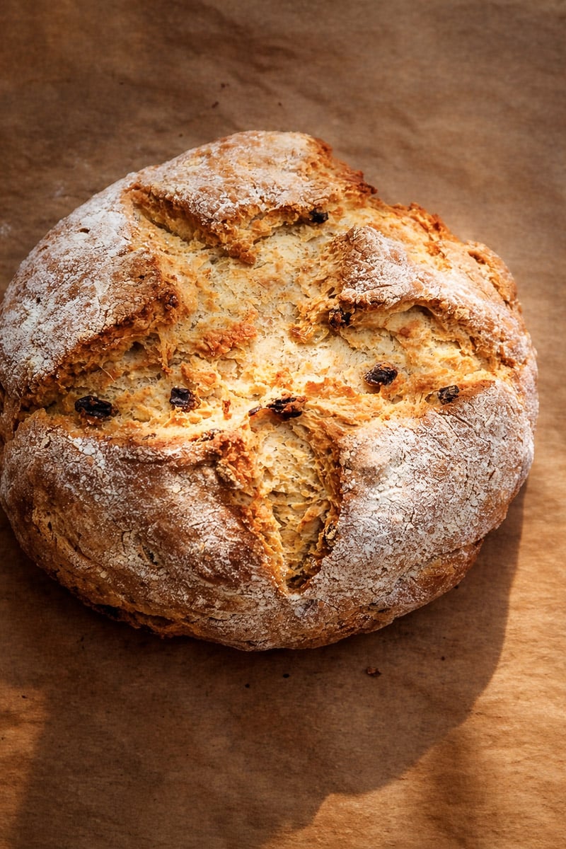 A round loaf of Irish Soda Bread-Spotted Dog with a golden crust, lightly dusted with flour, featuring a deep cross cut on top and visible raisins, rests on brown parchment paper.