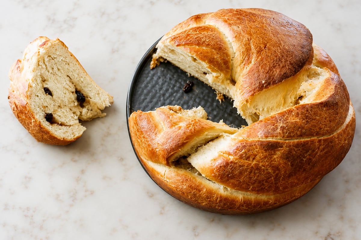 A round loaf of golden, braided Cinnamon Raisin Round Challah Bread with a slice cut out, revealing a few raisins inside. The slice is placed next to the main bread on a light marble surface.