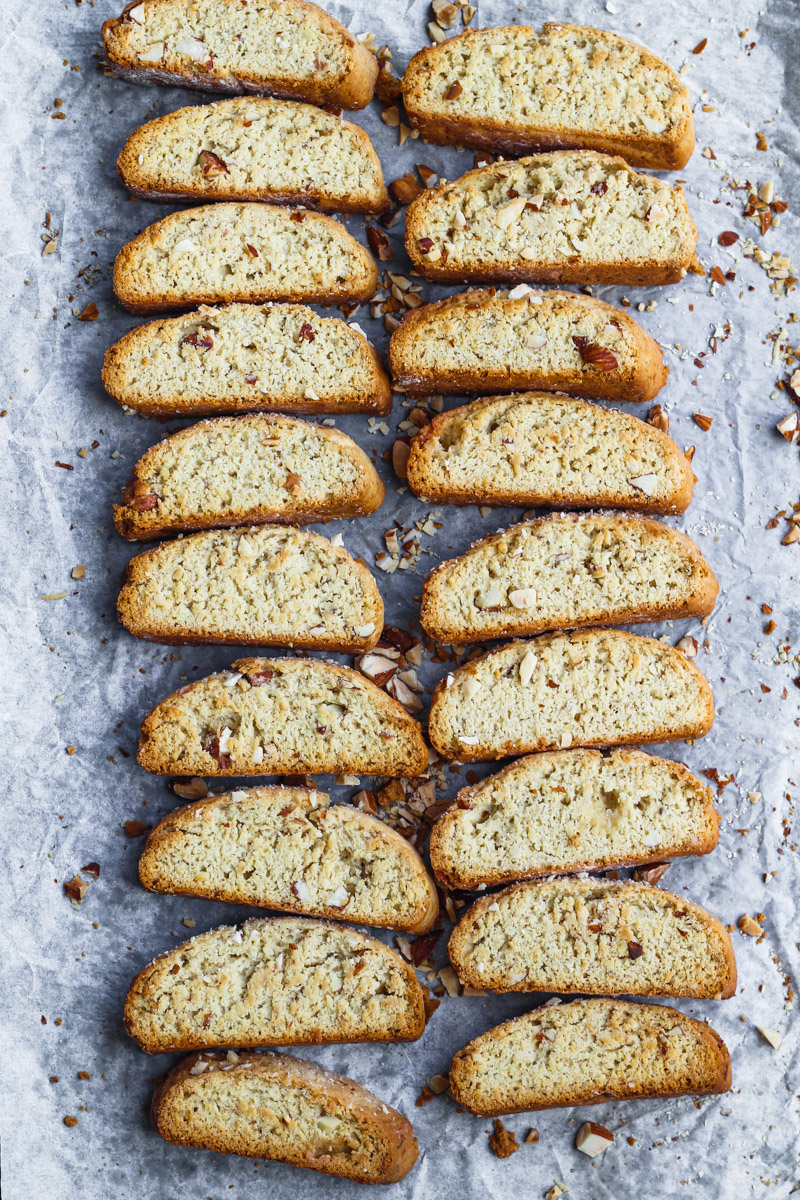 overhead image of banana bread biscotti on baking sheet