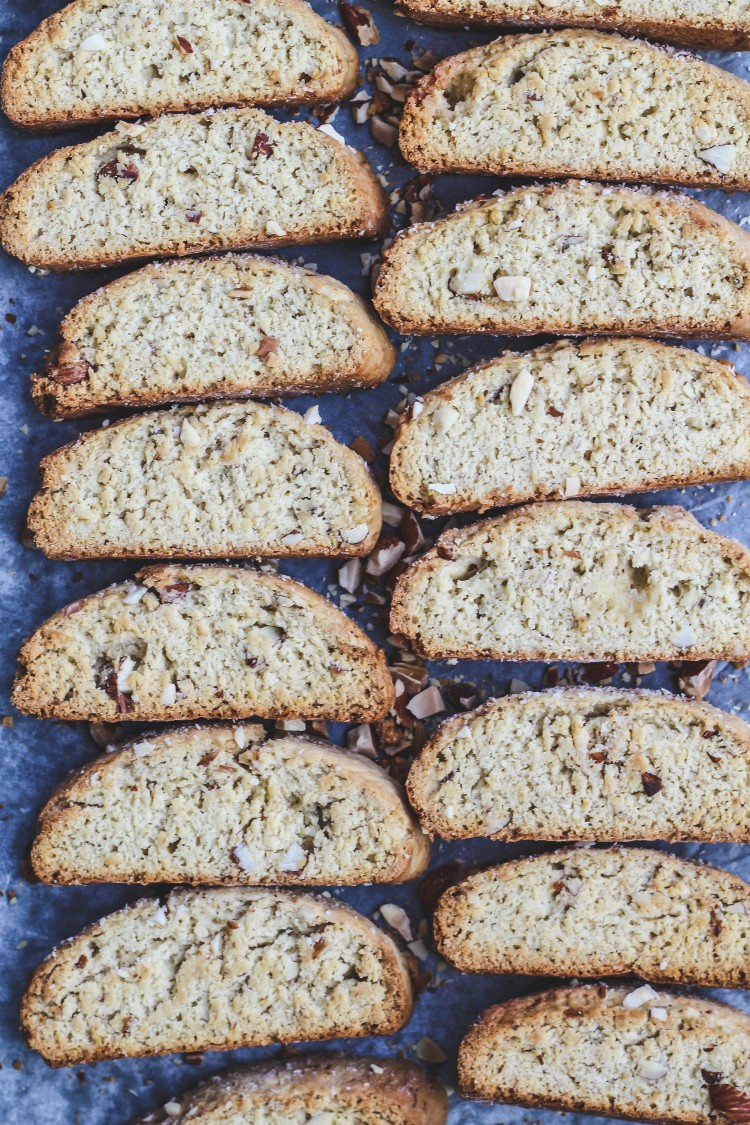 overhead image of biscotti on a baking tray 